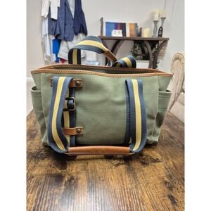 Gap 1969 Jeans Olive Green Canvas Tote Bag Striped Handles Leather Trim RN54023